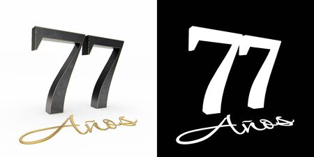 Inscription in Spanish. golden number seventy-seven years (number 77 years) and the inscription years with drop shadow and alpha channel. Translated from the Spanish - years. 3D illustrationの写真素材