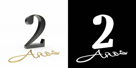 Inscription in Spanish. golden number two years (number 2 years) and the inscription years with drop shadow and alpha channel. Translated from the Spanish - years. 3D illustrationの写真素材