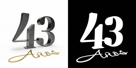 Inscription in Spanish. golden number forty-three years (number 43 years) and the inscription years with drop shadow and alpha channel. Translated from the Spanish - years. 3D illustrationの写真素材