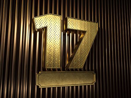 number 17 (number seventeen) perforated with small holes on the background of metal pieces with the plate for personalized inscriptions. 3D illustrationの写真素材