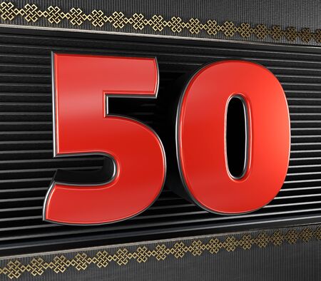 Red number 50 (number fifty) with golden symbols endless knot. 3D illustrationの写真素材