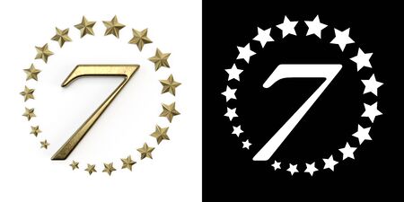 Number 7 (number seven) Anniversary celebration design with a circle of Golden stars on a white...