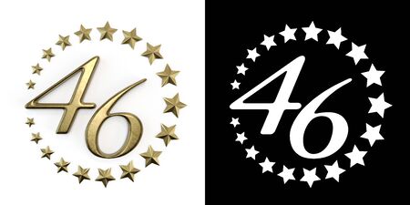 Number 46 (number forty-six) Anniversary celebration design with a circle of Golden stars on a white...