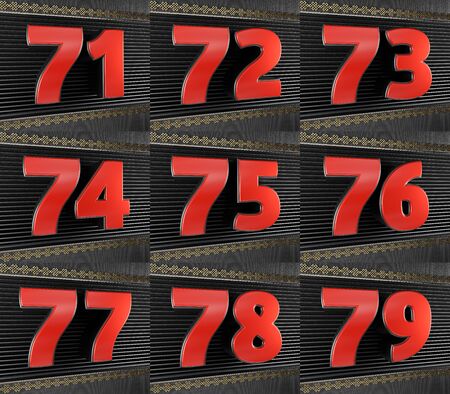 Set of red numbers from seventy-one to seventy-nine. Anniversary celebration design with golden...