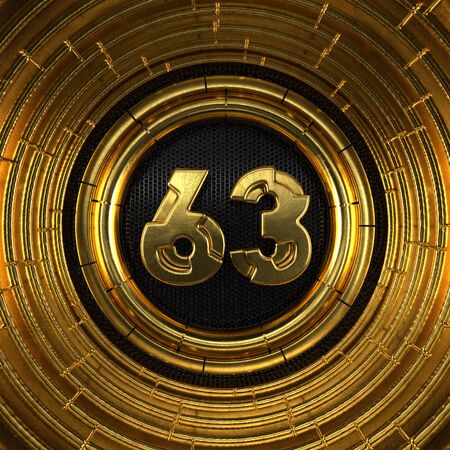 Gold number 63 (number sixty-three) with perforated black metal background and gold rings around. 3D...