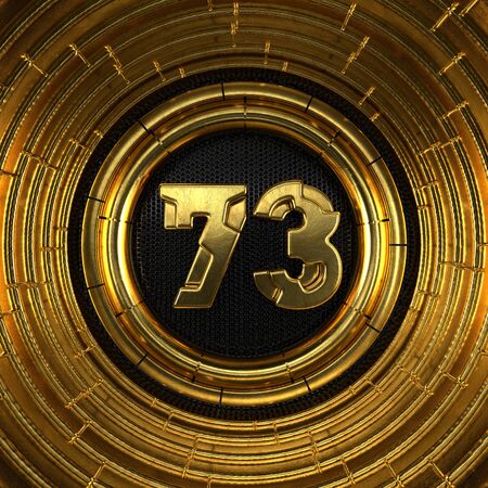 Gold number 73 (number seventy-three) with perforated black metal background and gold rings around. 3D illustrationの写真素材