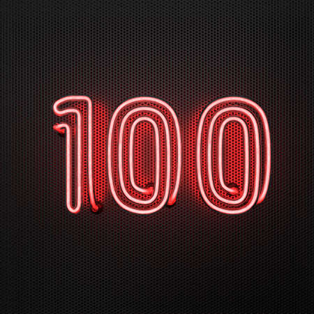 Glowing red neon number 100 (number one hundred) on a perforated metal background. 3D illustrationの写真素材