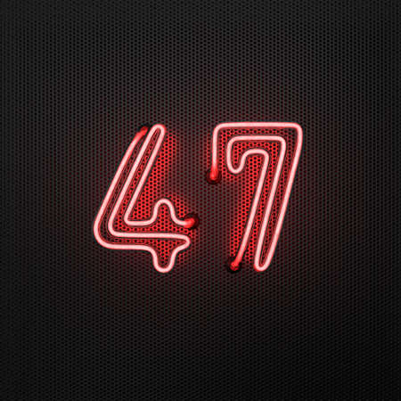 Glowing red neon number 47 (number forty-seven) on a perforated metal background. 3D illustration