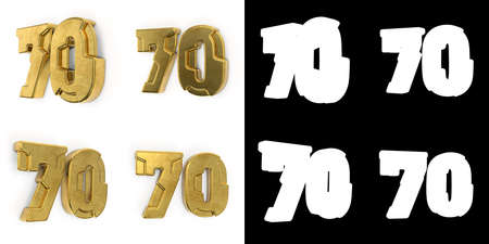 Set of golden number 70 (number seventy) left side view and right side view, with alpha channel and...