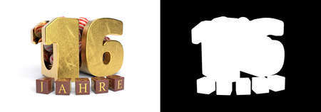 Inscription in German 16 years, consisting of a gold number sixteen and round candies filling the number 16 on a white background with shadow and alpha channel. 3D illustrationの写真素材