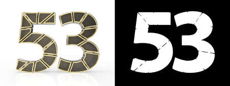Gold number fifty-three (number 53) cut into perforated gold segments with alpha channel and shadow...
