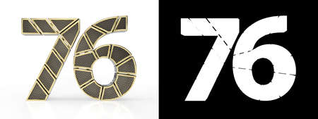 Gold number seventy-six (number 76) cut into perforated gold segments with alpha channel and shadow...