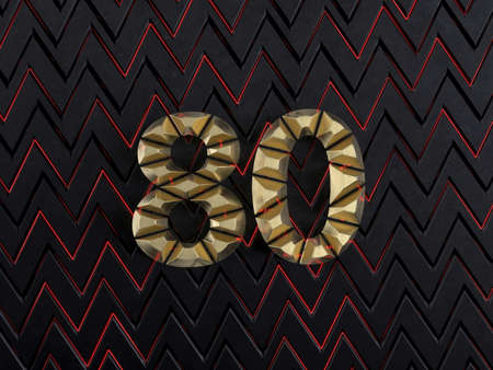 Number eighty (number 80) made from gold bars on dark background with cuts and glow of red neon...