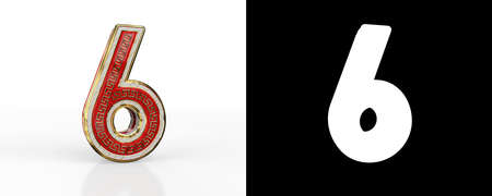 Number six (number 6) with red transparent stripe on white background, with alpha channel. 3D...