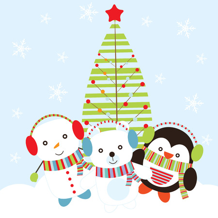Chritsmas illustration with cute penguin, snowman, and bear on Xmas tree background suitable for children Xmas card, postcard, and wallpaperのイラスト素材