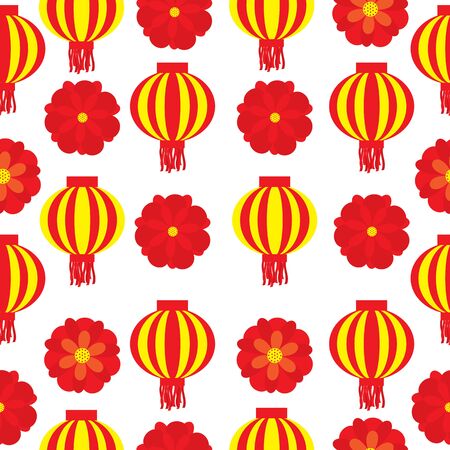 Seamless patterm of chinese new year with lampion and red flowers on white  background vector cartoon suitable for new year wallpaper design, fabric clothes design, and scrap paperのイラスト素材