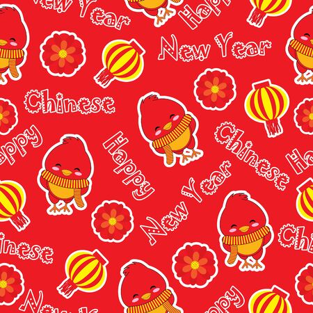 Seamless patterm of chinese new year with cute rooster on red background vector cartoon suitable for new year wallpaper design, fabric clothes design, and scrap paperのイラスト素材