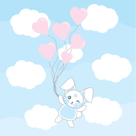 Valentine's day illustration with cute blue bunny with love balloons on sky background suitable for Valentine's invitation card, postcard, and wallpaperのイラスト素材