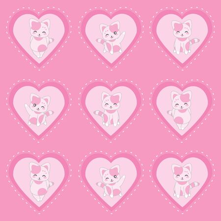 Valentine's day illustration with cute pink cats on pink love background suitable for Valentine sticker set, clip art, and cupcake topperのイラスト素材