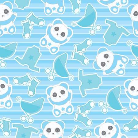 Seamless background of baby shower illustration with cute baby boy panda and baby clothes on stripes background suitable for baby wallpaper, scrap paper and postcardのイラスト素材