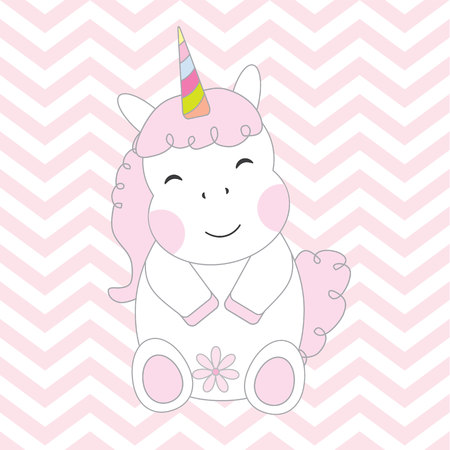 Baby shower  illustration with cute unicorn girl on chevron background suitable for baby shower greeting card, postcard, and nursery wallのイラスト素材