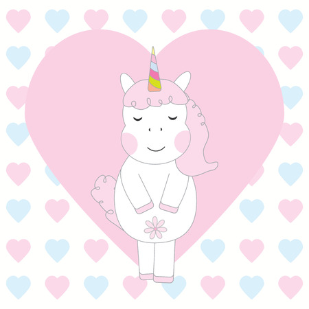 Valentine's Day card with cute pink unicorn on love background suitable for Valentine's Day greeting card, invitation card, and postcardのイラスト素材