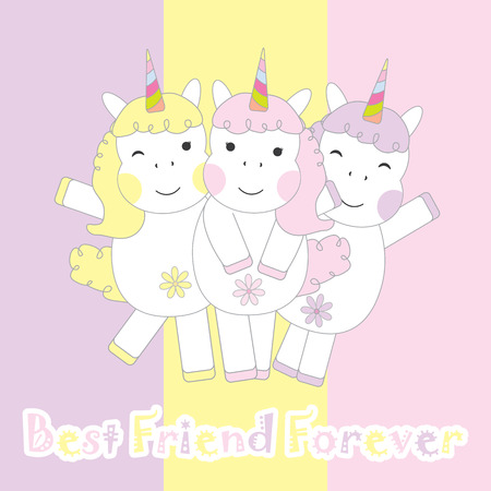 Friendship day card with cute three unicorns suitable for friendship greeting card, postcard, and wallpaperのイラスト素材