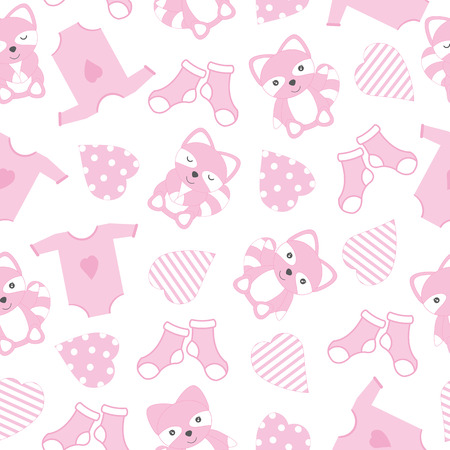 baby shower seamless background with cute raccoon, baby clothes and love shape suitable for baby shower wallpaper, scrap paper and wrapping paperのイラスト素材