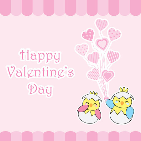 Valentine's day card with cute couple chicks bring love balloons suitable for Valentine's day greeting card, invitation card, and postcardのイラスト素材
