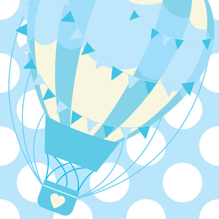 Baby shower card design vector illustration of cute blue hot air balloon on polka dot background for baby boy invitation card and postcardのイラスト素材