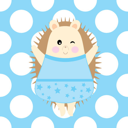 Baby shower card with cute hedgehog on polka dot background suitable for baby shower greeting card, nursery wall, and postcardのイラスト素材