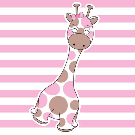 Baby shower card with cute baby giraffe on pink stripes background suitable for baby shower postcard, nursery wall, and kid wallpaperのイラスト素材