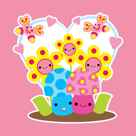 Valentine card with cute mushrooms and flower cartoon on love frame suitable for Valentine postcard, greeting, and invitation cardのイラスト素材