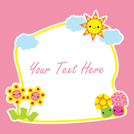Spring card with cute mushroom and flower cartoon suitable for spring postcard, greeting, and invitation cardのイラスト素材