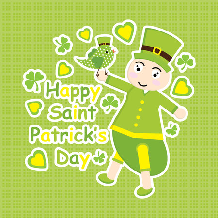 St. Patrick Day's card with cute ant cartoon and green bird suitable for kid postcard, greeting card, and wallpaperのイラスト素材