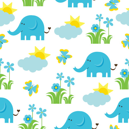 Baby shower seamless pattern with Cute elephant, butterfly, flowers, and sun suitable as wallpaper, scrap paper, and postcardのイラスト素材