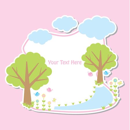 Spring card with cute flowers, tree, bird, and clouds suitable for kid postcard, greeting, and invitation cardのイラスト素材