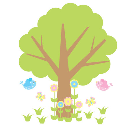 Cute birds, tree, flowers, and butterflies vector cartoon suitable for baby nursery wall, and wallpaperのイラスト素材
