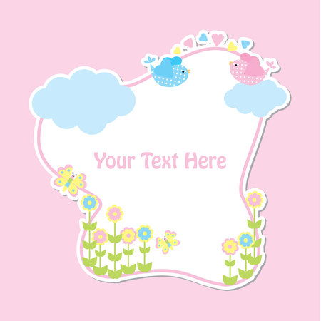 Spring card with cute birds and flower frame suitable for kid postcard, greeting, and invitation cardのイラスト素材