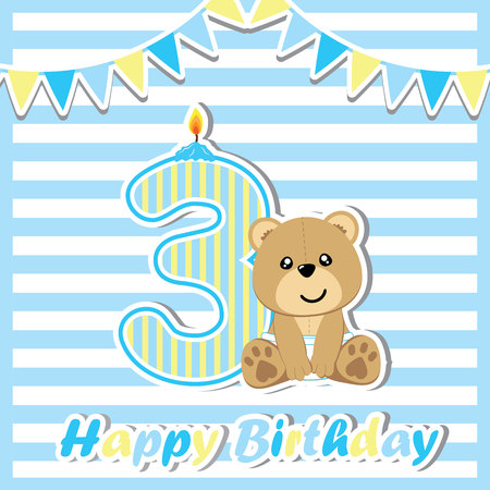 Birthday card with cute bear and colorful flag suitable for postcard, greeting, and invitation cardのイラスト素材