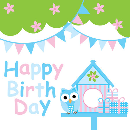 Birthday card with cute owl, bird house and colorful flag suitable for postcard, greeting card, and invitation cardのイラスト素材