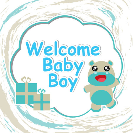 Baby shower card with vector cartoon of cute baby hippo frame on wave background suitable for baby shower card and invitation cardのイラスト素材