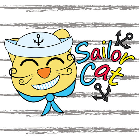 Vector cartoon illustration of cute sailor cat on striped background suitable for kid t shirt design, wallpaper and postcardのイラスト素材