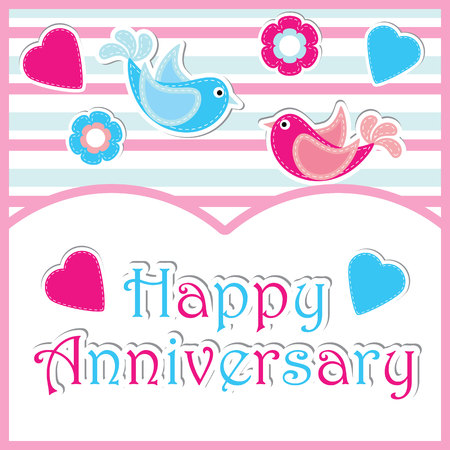 Happy anniversary illustration with couple birds and flowers on pink borderのイラスト素材