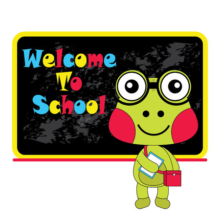 Vector cartoon illustration of cute frog and welcome to school suitable for kid t-shirt graphic design, backdrop and wallpaperのイラスト素材