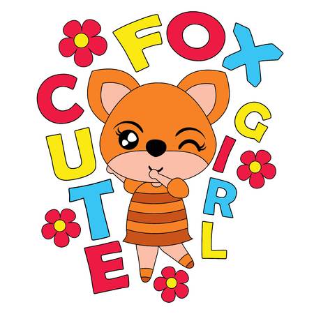 Vector cartoon illustration of cute little fox girl with colorful flowers suitable for kid t-shirt graphic design, backdrop and wallpaperのイラスト素材