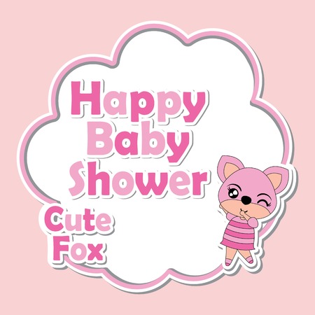 Vector cartoon illustration with cute fox girls on pink frame suitable for Baby shower invitation card design, postcard and wallpaperのイラスト素材