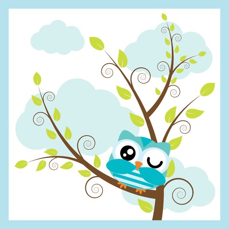 Vector cartoon illustration with cute owl on tree branch and cloud background suitable for kid t-shirt graphic design, backdrop and wallpaperのイラスト素材