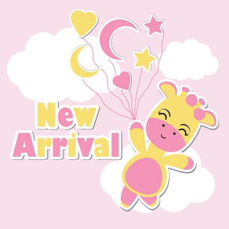 Baby shower invitation card design, postcard and wallpaper with giraffe holding balloons.のイラスト素材