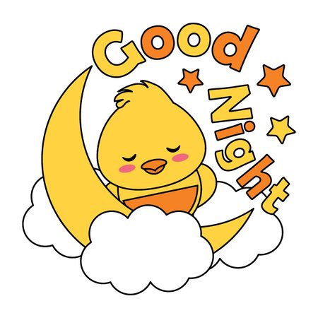 Vector cartoon illustration with cute baby chick sleeping on cloud.のイラスト素材